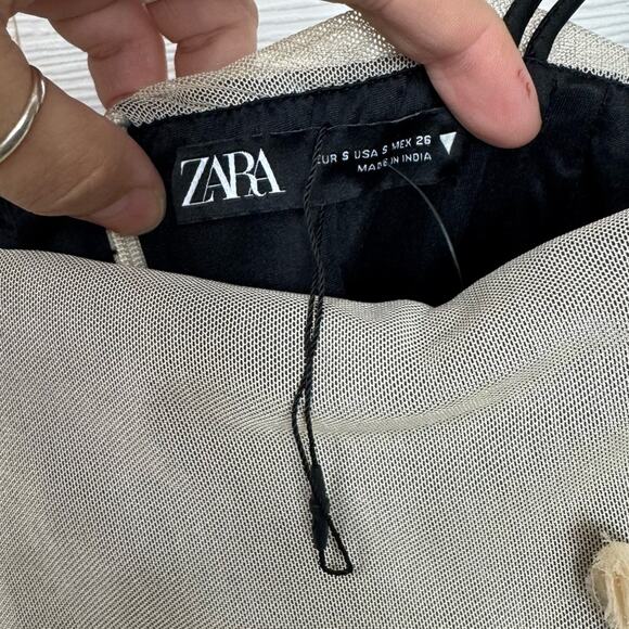 Zara Double Strap Beige Tulle Dress with Floral Accents Small - Picture 14 of 15